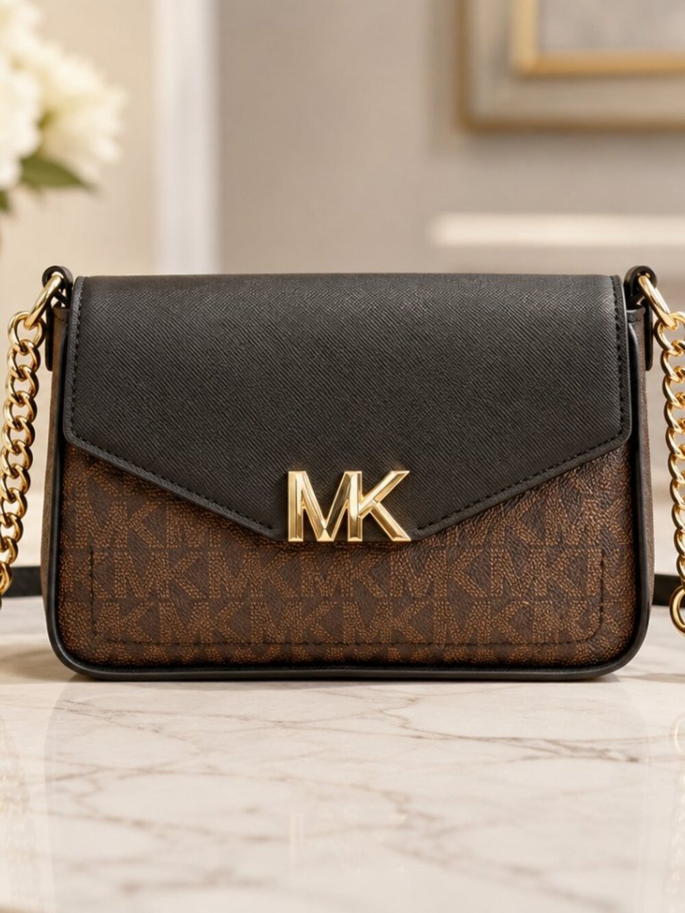 Michael Kors Sylvia Small Logo Flap Crossbody Brown Black NWT